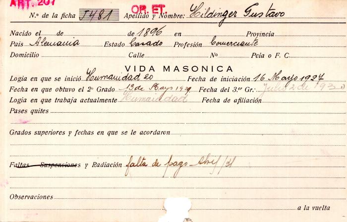 Ficha de miembro de Gustavo Hildinger.