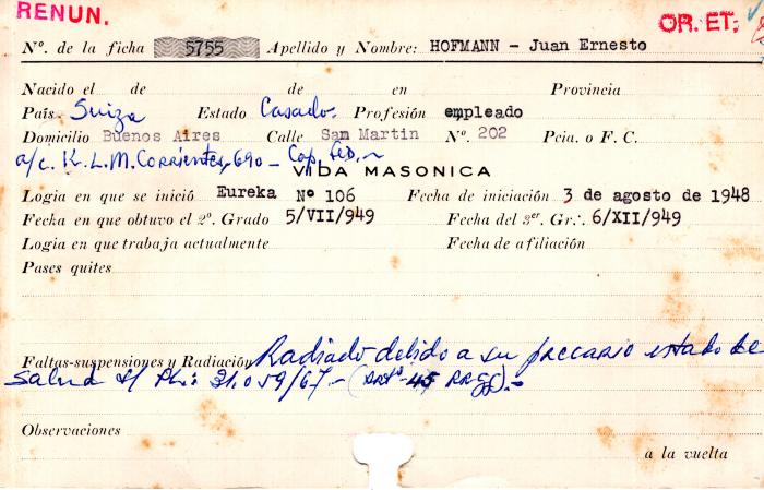 Ficha de miembro de Juan Ernesto Hofmann.