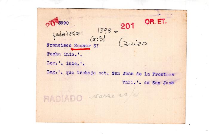 Ficha de miembro de Francisco Hoener.