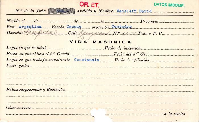 Ficha de miembro de David Fedeleff.