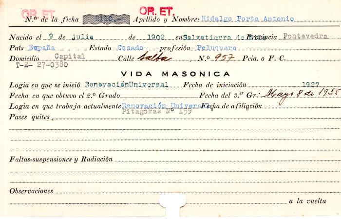 Ficha de miembro de Antonio Hidalgo Porto.