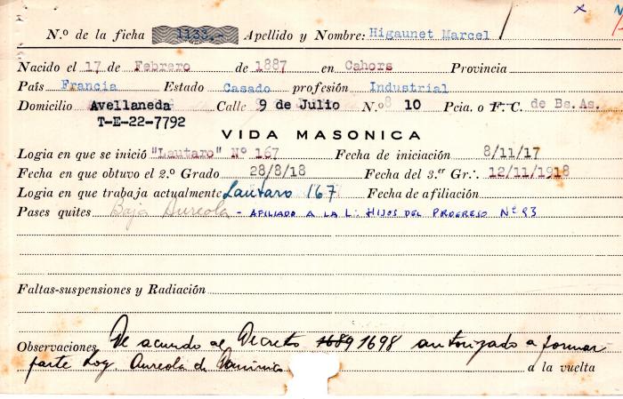 Ficha de miembro de Marcel Higaunet.