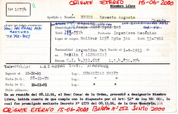 Ficha de miembro de Ernesto Augusto Heuse.