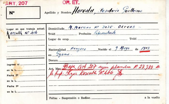 Ficha de miembro de Desiderio Guillermo Horvath.