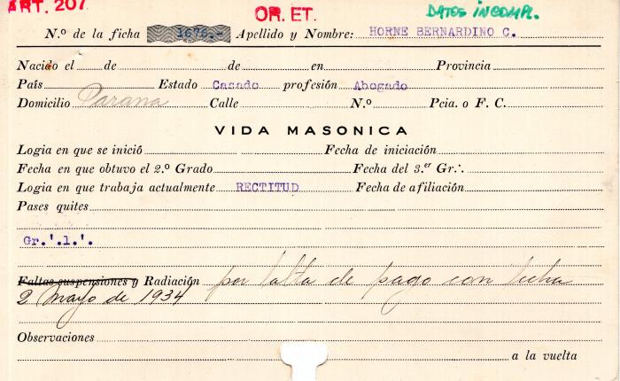 Ficha de miembro de Bernardino Horne.