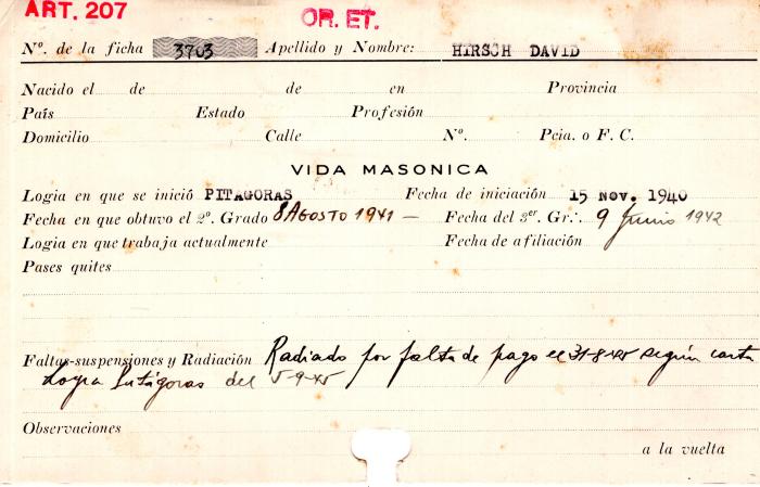 Ficha de miembro de David Hirsch.