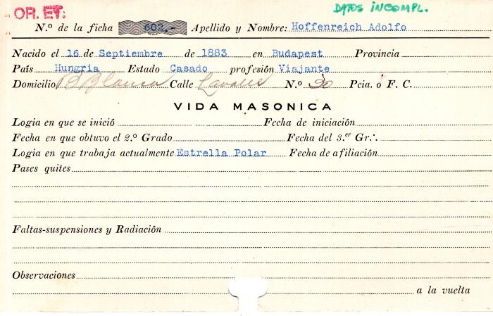 Ficha de miembro de Adolfo Hoffenreich.