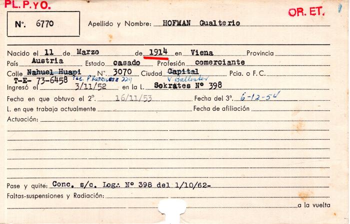 Ficha de miembro de Gualterio Hofman.