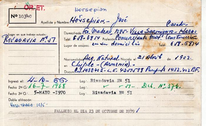 Ficha de miembro de José Horsepian.