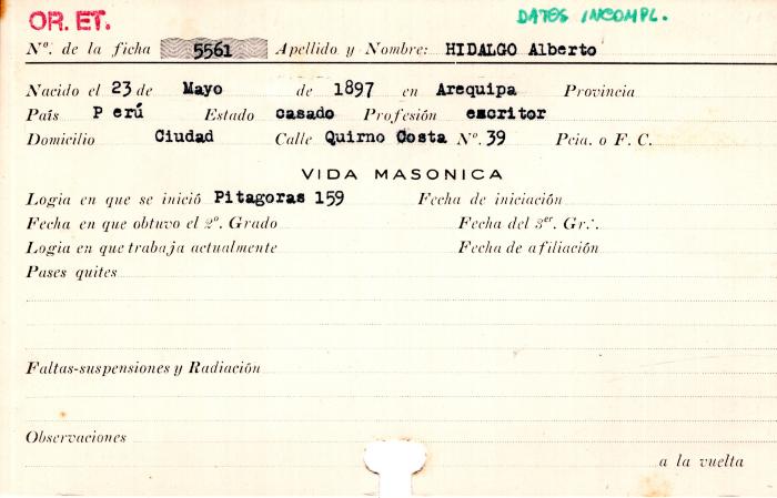 Ficha de miembro de Alberto Hidalgo.