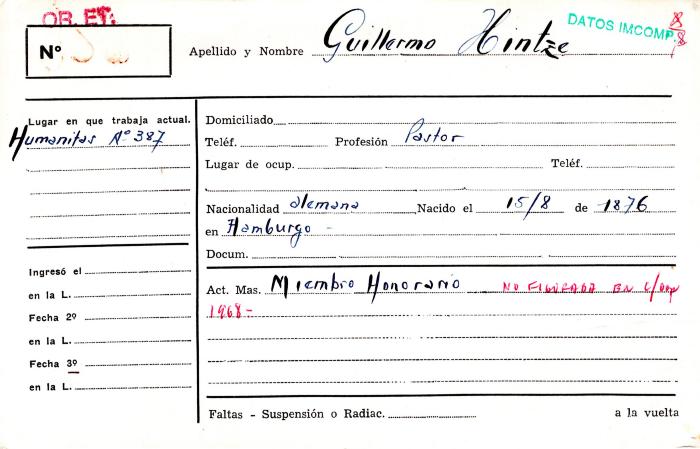 Ficha de miembro de Guillermo Hintze.