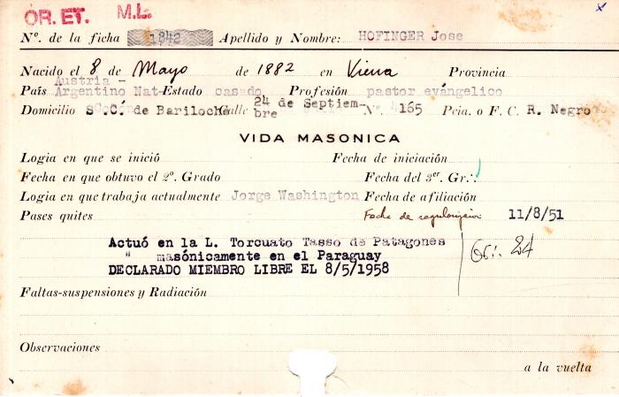 Ficha de miembro de José Hofinger.