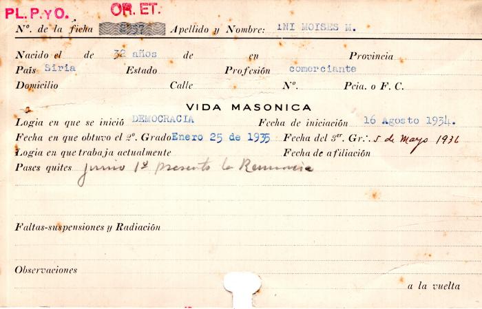 Ficha de miembro de Moisés M. Ini.