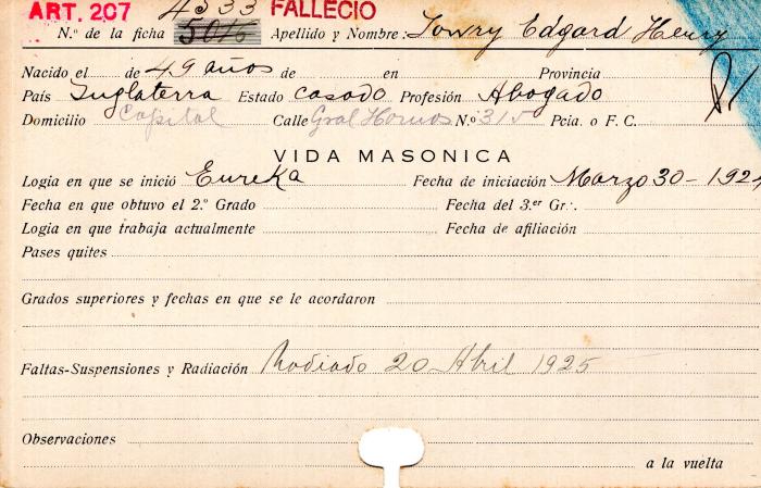 Ficha de miembro de Edgard Henry Iowry.