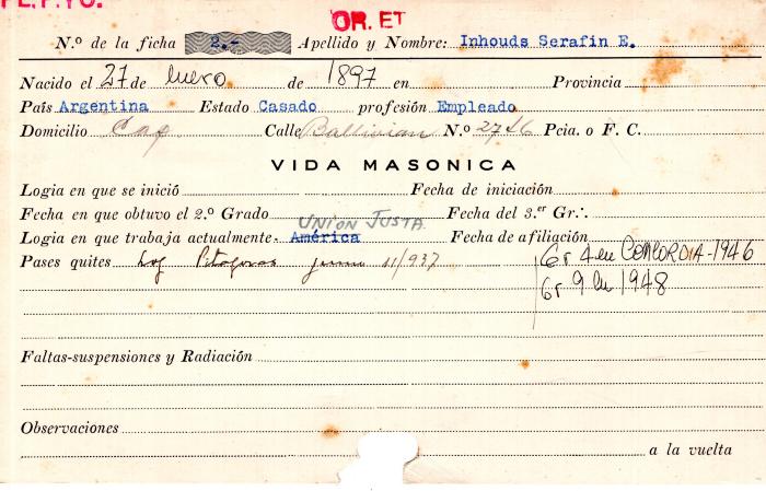 Ficha de miembro de Serafín E. Inhouds.