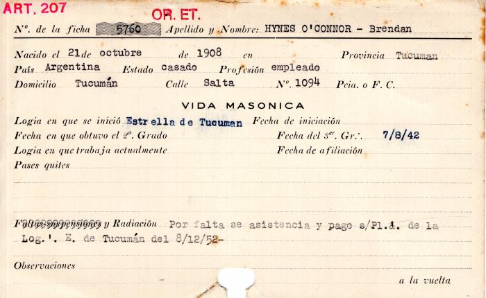 Ficha de miembro de Brendan Hynes O'Connor.