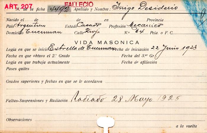 Ficha de miembro de Desiderio Iñigo.