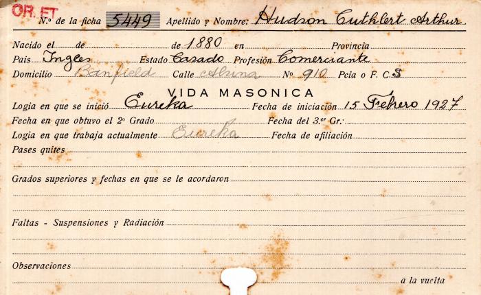 Ficha de miembro de Arthur Hudson Cuthlert.
