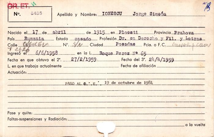Ficha de miembro de Jorge Simeó Ionescu.