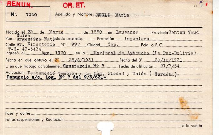 Ficha de miembro de Mario Hugli.