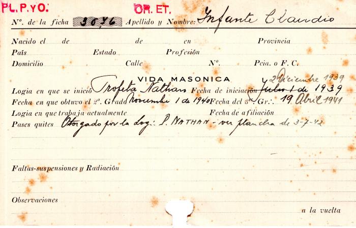 Ficha de miembro de Claudio Infannte.