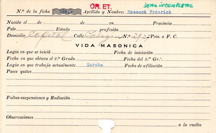 Ficha de miembro de Frederick Hossack.