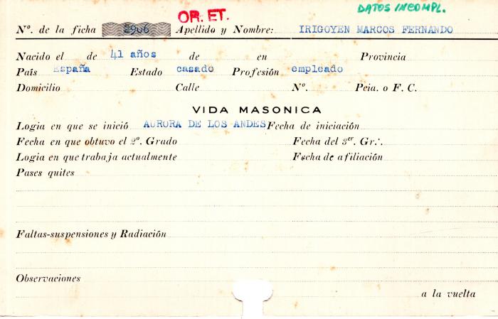 Ficha de miembro de Marcos Fernando Irigoyen.