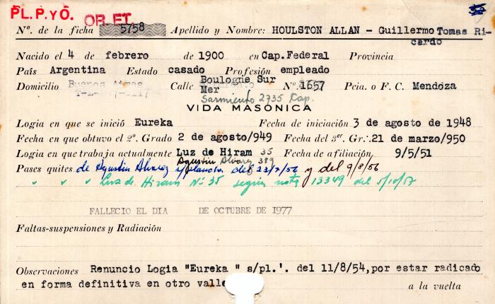Ficha de miembro de Guillermo Tomás Ricardo Houlston Allan.