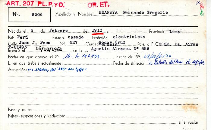 Ficha de miembro de Fernando Gregorio Huapaya.