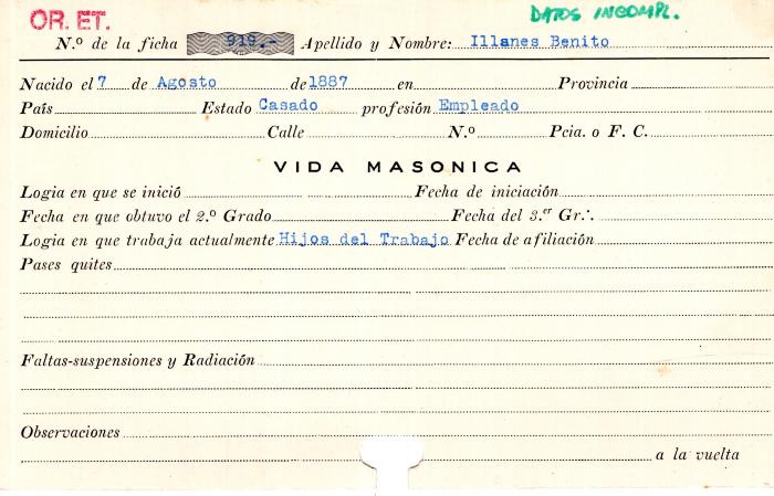 Ficha de miembro de Benito Illanes.