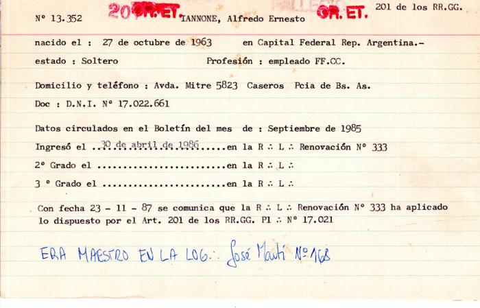 Ficha de miembro de Alfredo Ernesto Iannone.