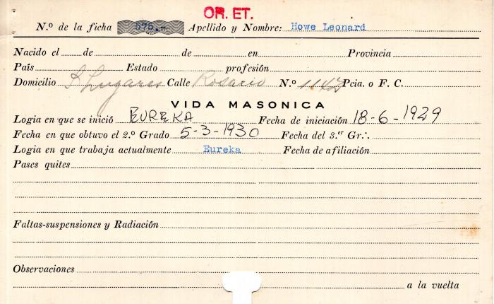 Ficha de miembro de Leonard Howe.