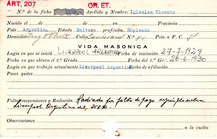 Ficha de miembro de Vicente Iglesias.