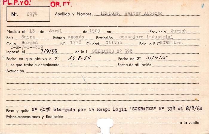Ficha de miembro de Walter Alberto Irniger.
