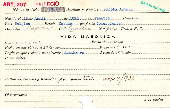 Ficha de miembro de Arturo Jacobs.