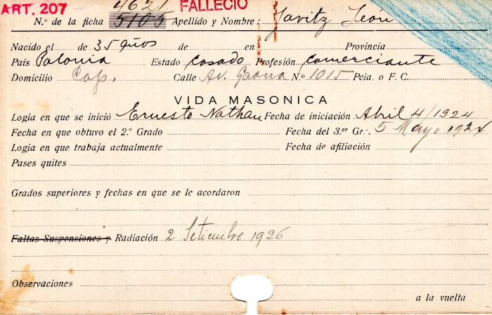 Ficha de miembro de León Javitz.