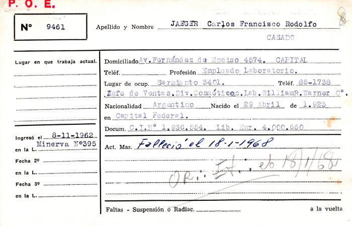 Ficha de miembro de Carlos Francisco Rodolfo Jaeger.