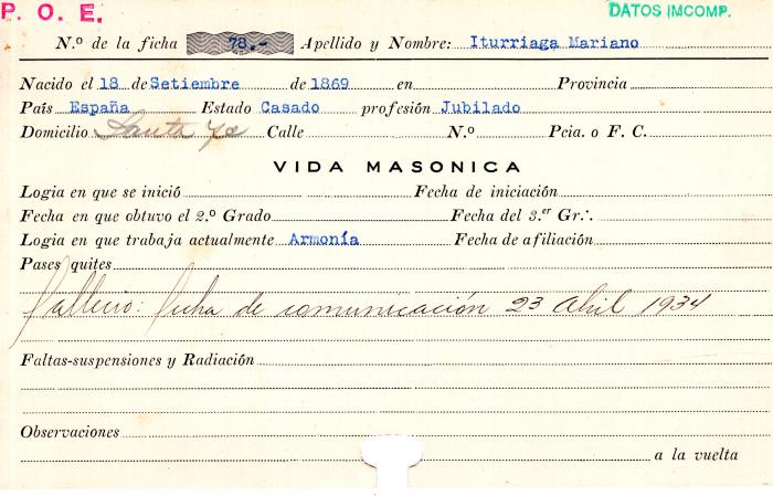 Ficha de miembro de Mariano Iturriaga.