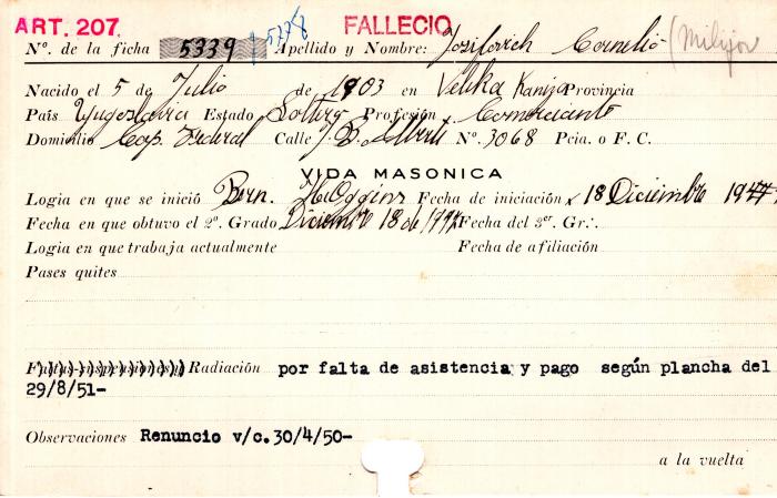 Ficha de miembro de Cornelio Josijovich.