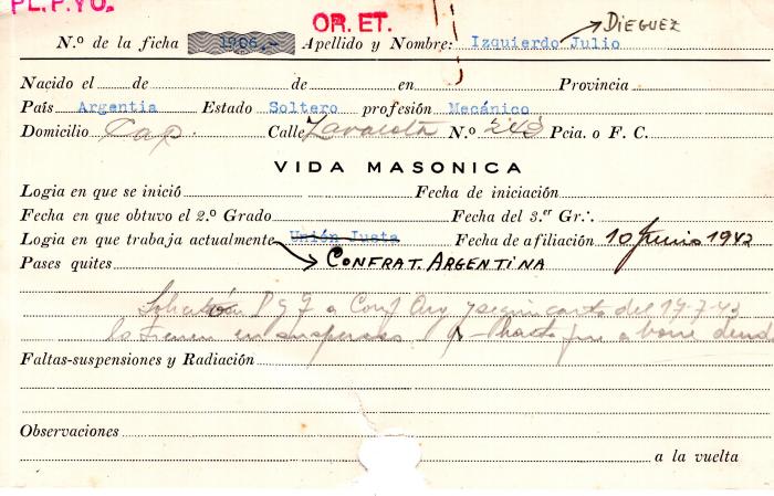Ficha de miembro de Julio Izquierdo Dieguez.