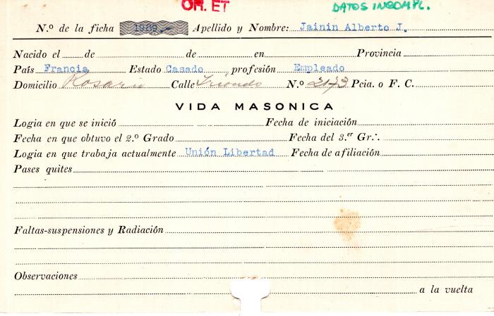 Ficha de miembro de Alberto J. Jaini.