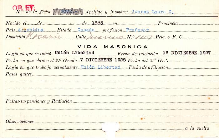 Ficha de miembro de Lauro C. Juarez.