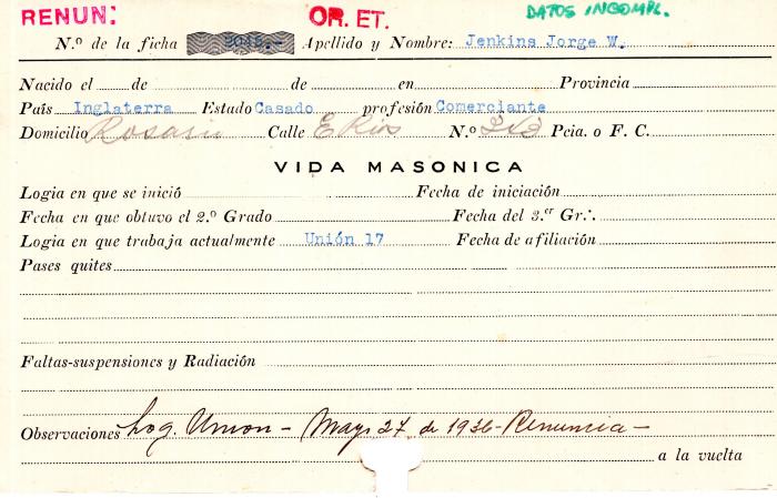 Ficha de miembro de Jorge W.  Jenkins.