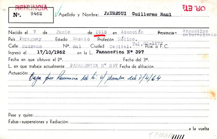 Ficha de miembro de Guillermo Raúl Jauregui.