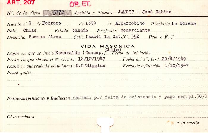 Ficha de miembro de José Sabino Jamett.