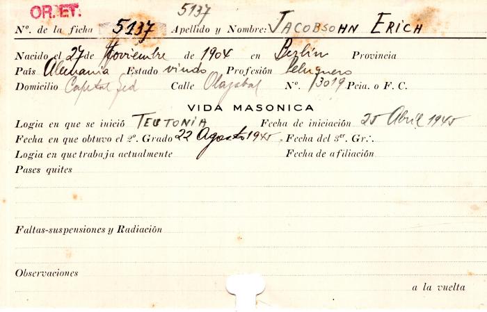 Ficha de miembro de Erich Jacobsohn.