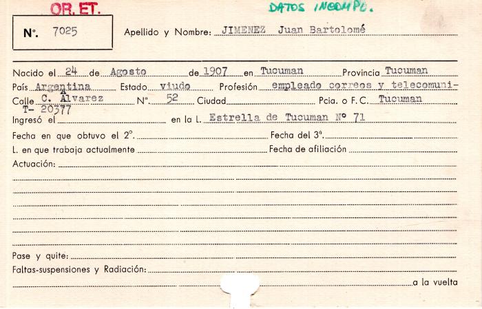 Ficha de miembro de Juan Bartolomé Jimenez.