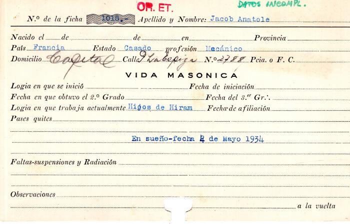 Ficha de miembro de Anatole Jacob.