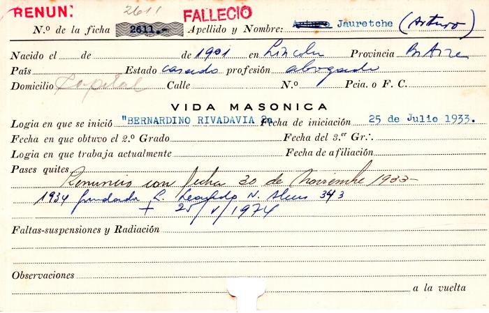 Ficha de miembro de Arturo Jauretche.