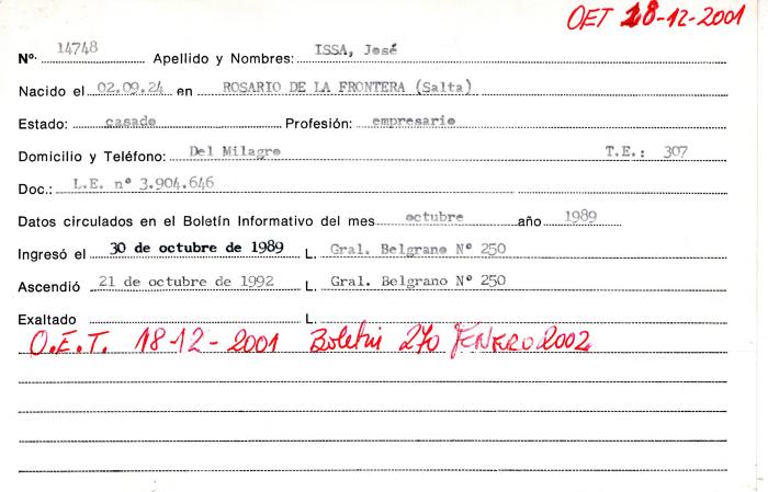 Ficha de miembro de José Issa.